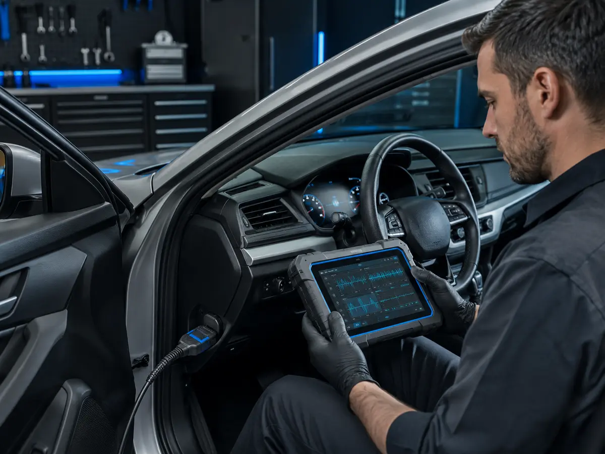 فني يستخدم جهاز فحص كمبيوتر متصل بمنفذ OBD لقراءة بيانات السيارة